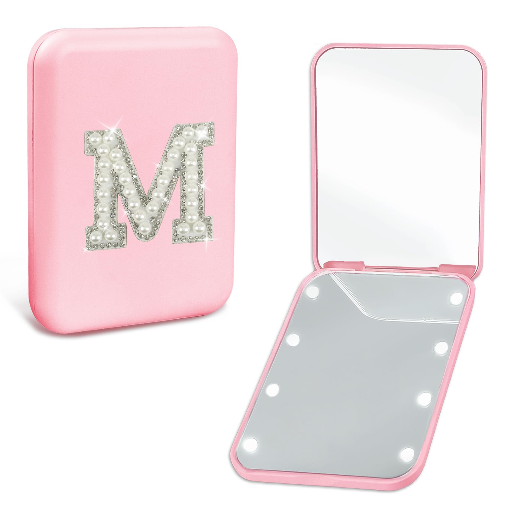 Small Mirror with Lights Teen Girl Gifts LED Pink Folding Compact Preppy Mirror for Women (1X/2X Magnification) Trendy P