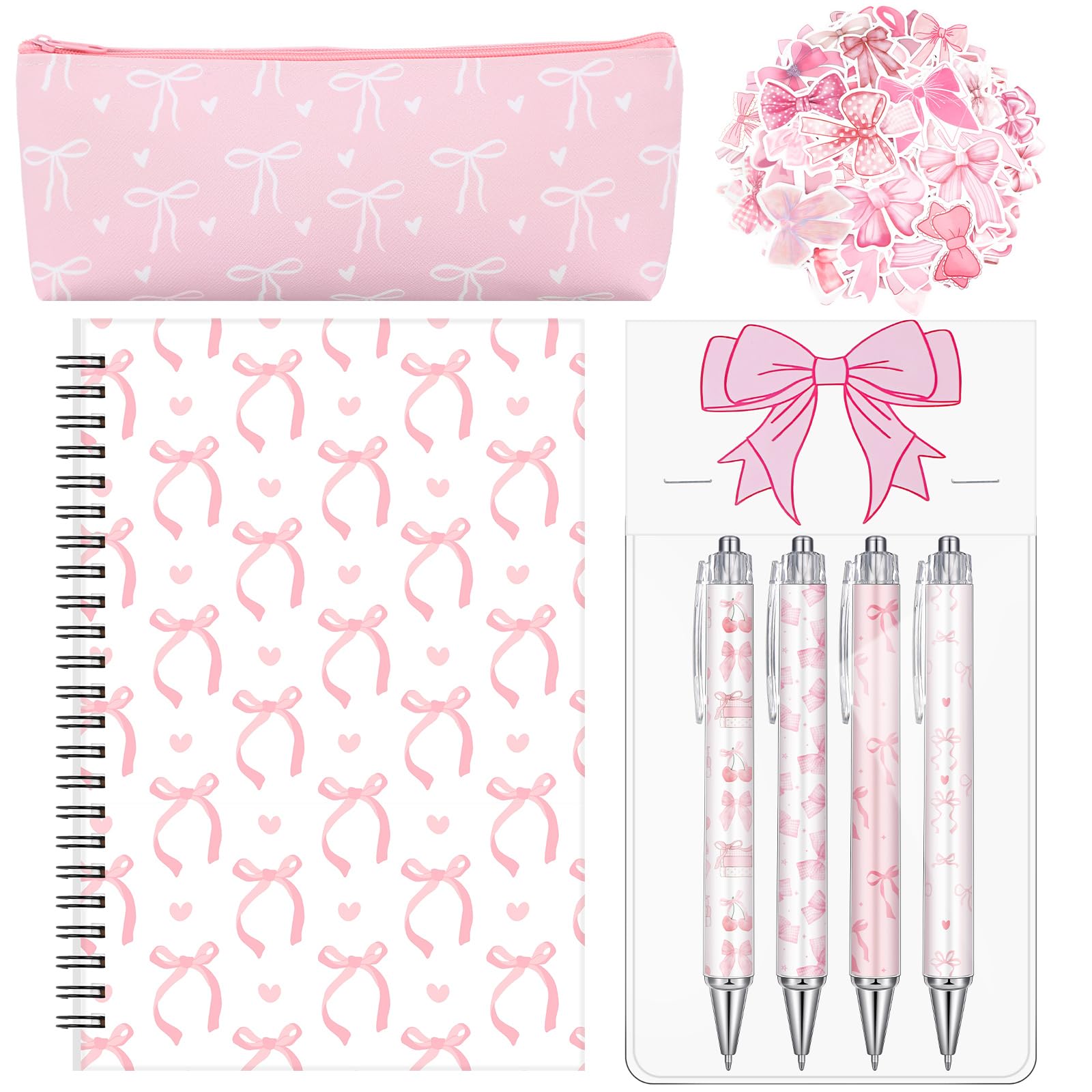 Pink Bow Coquette Stationery Set for Students Back to School Aesthetic Notebook Pens Pencil Case Stickers
