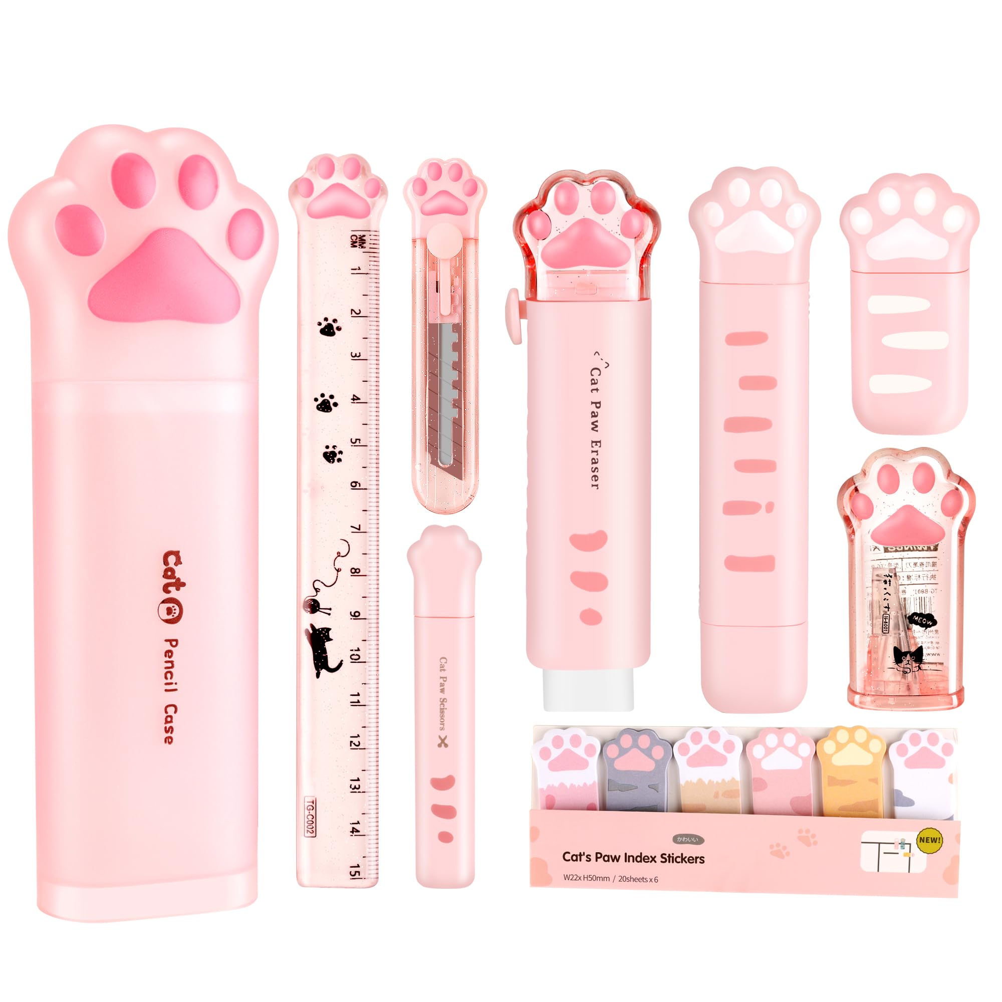Cute School Supplies 9Pcs Set for Kids | Pencil Sharpener, Eraser, Correction Tape, Sticky Notes, Ruler, Scissors, Utili