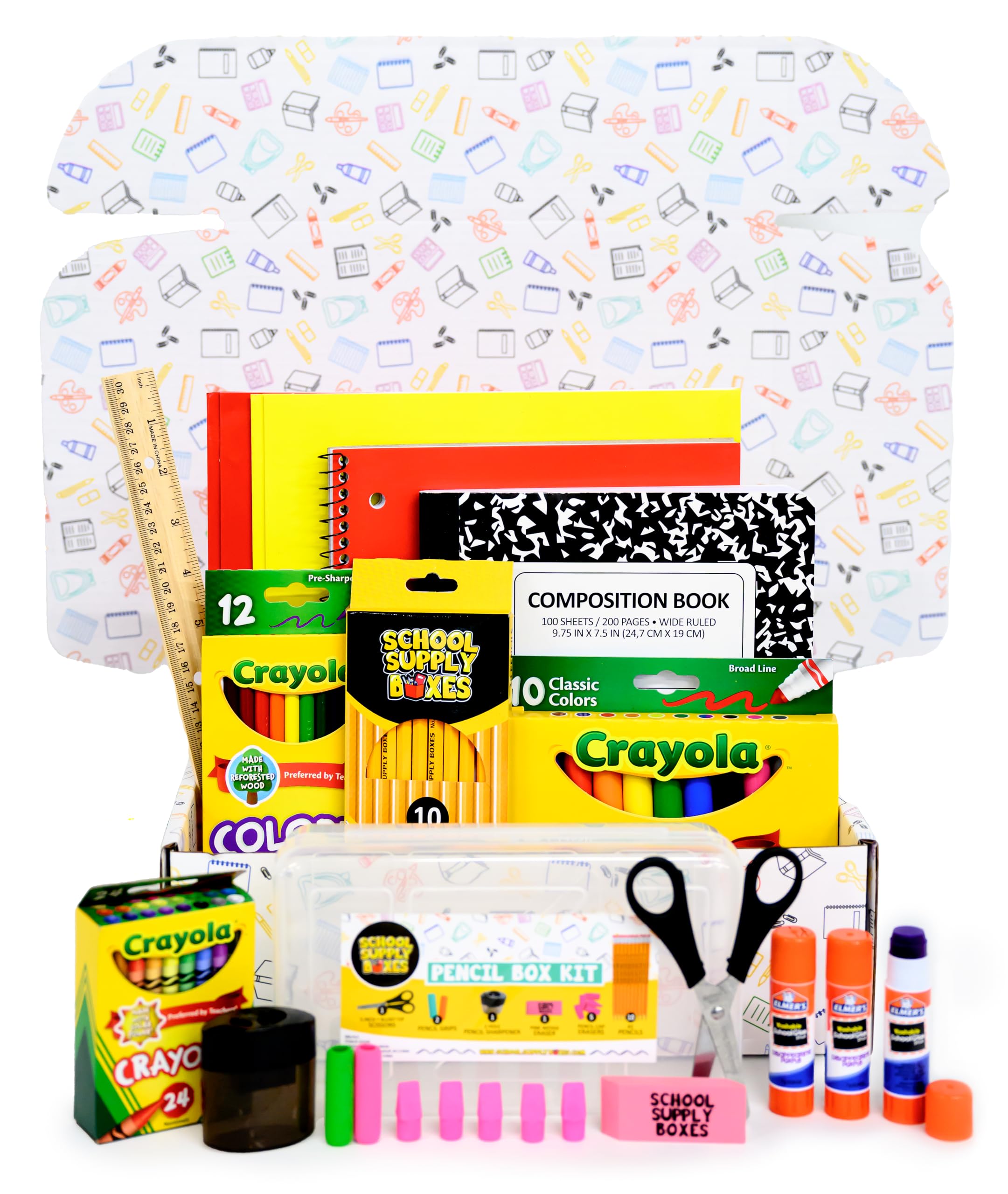 Back to School Supply Box Grades K-5: 32 Piece School Supplies Kit Includes Markers, Crayons, Pencils, Scissors, Folders