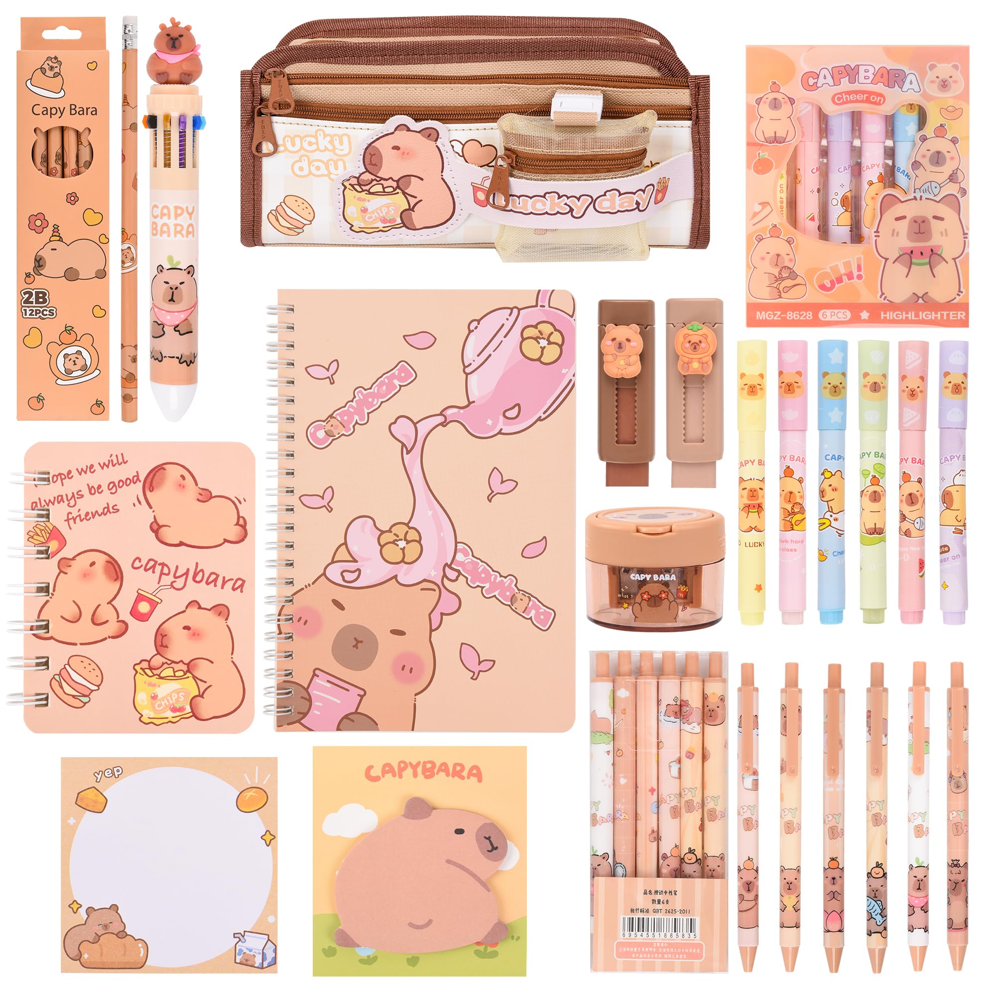Cute Capybara School Supplies Pencil Case with Compartments BallPoint Pen Gel Pens Pencils Erasers Pencil Sharpener Note